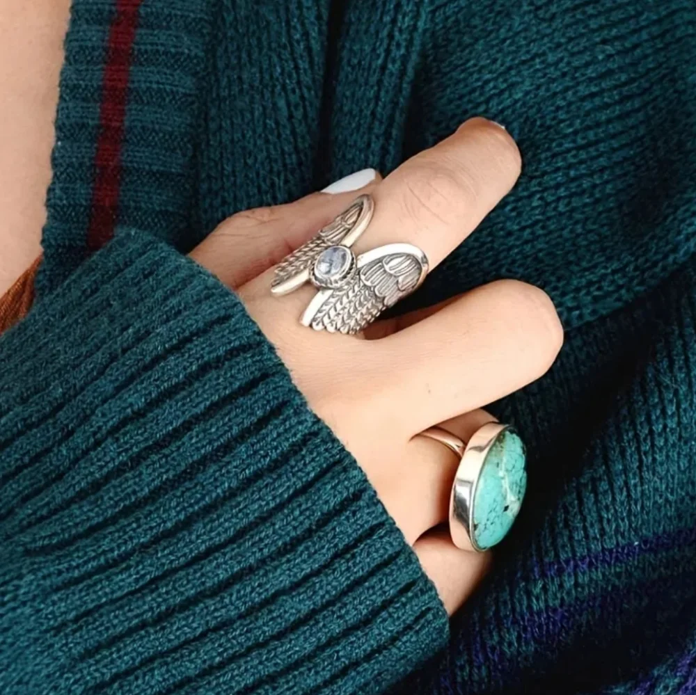 Angel Wings Moonstone Feather Ring Silver Plated Lab Created Gem Multiple Sizes - Picture 7 of 12
